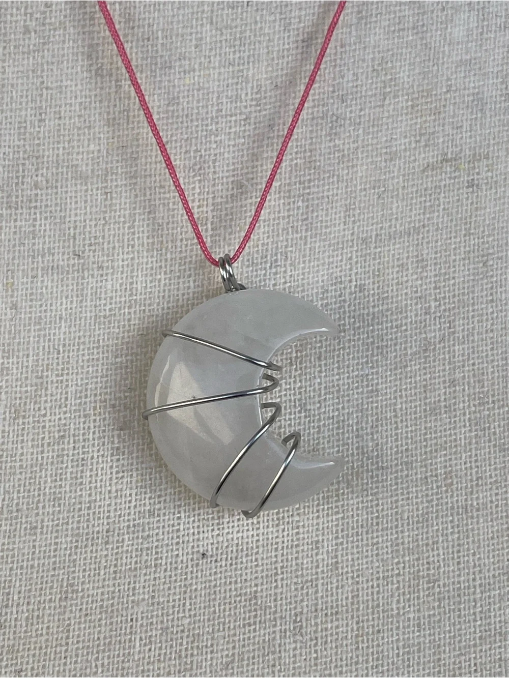 Clear Quartz Moon Necklace on Pink Nylon Cord Stainless Steel Wire Wrap